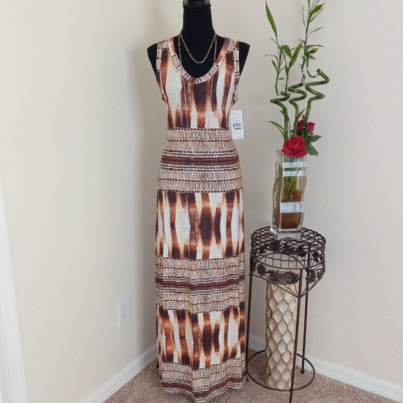 NWT Karen Kane Brown/Tan Aztec Print Maxi Dress Size L - Picture 3 of 13
